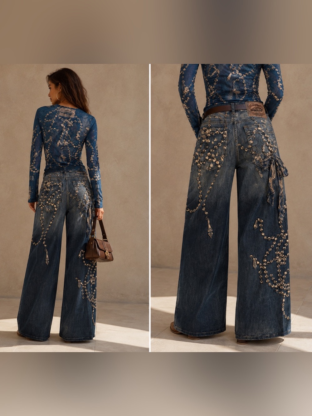 Printed Mesh Top &  Wide-Leg Denim Pants Set - Picture 3 of 3